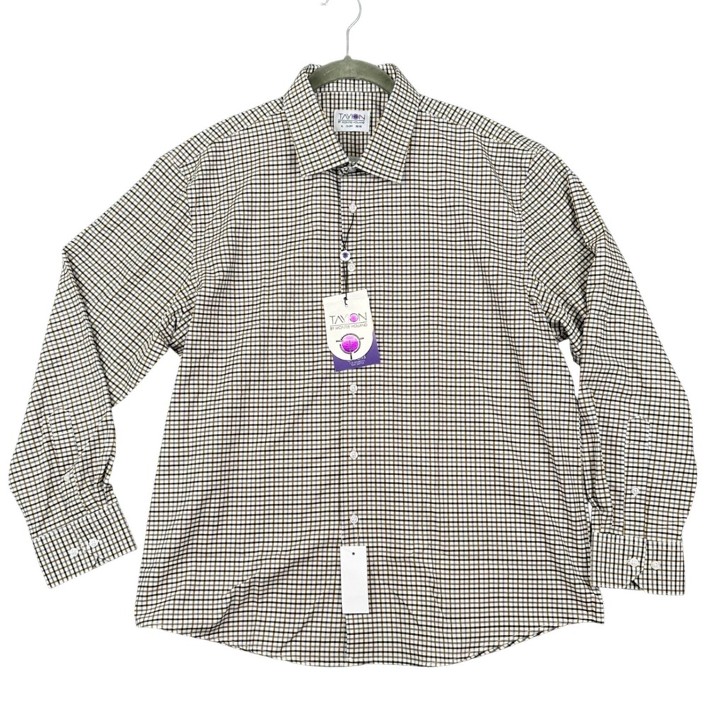 Tayion Dress Shirt Mens XL 32/33 White Black Gold Plaid NWT Performance Stretch